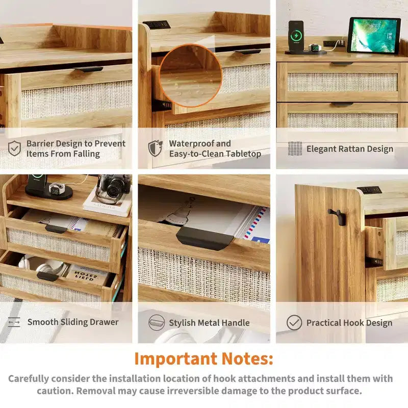 Rattan Nightstand Set of 2 with Type-C Charging Station and 2 Drawers