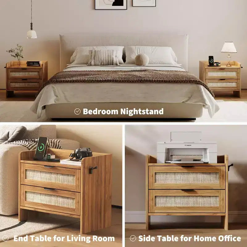 Rattan Nightstand Set of 2 with Type-C Charging Station and 2 Drawers