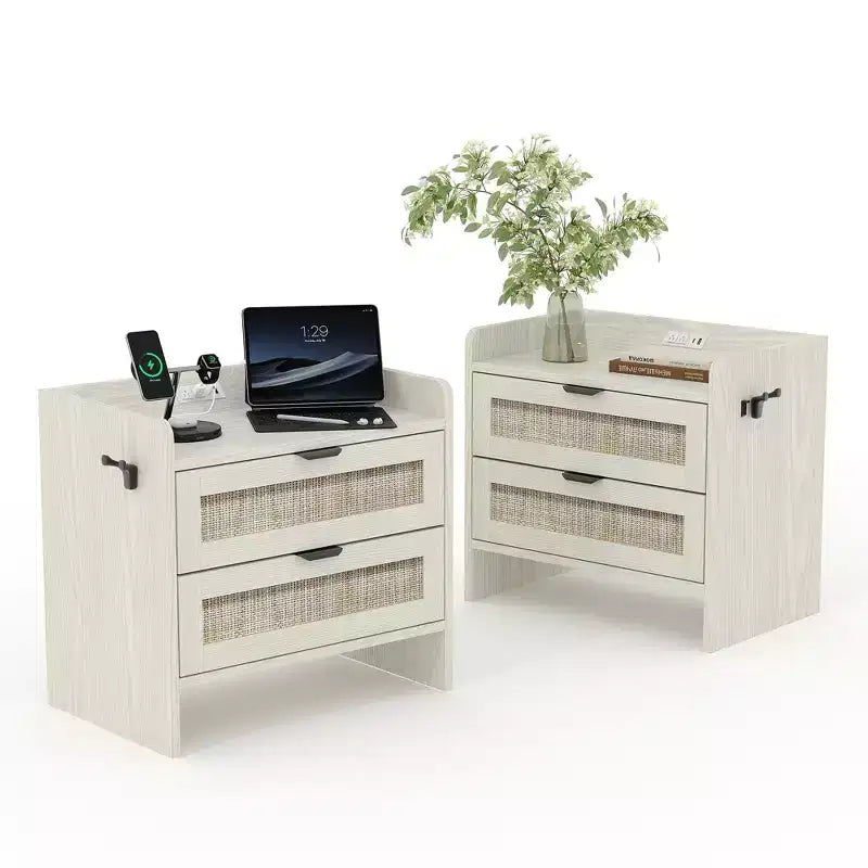Rattan Nightstand Set of 2 with Type-C Charging Station and 2 Drawers
