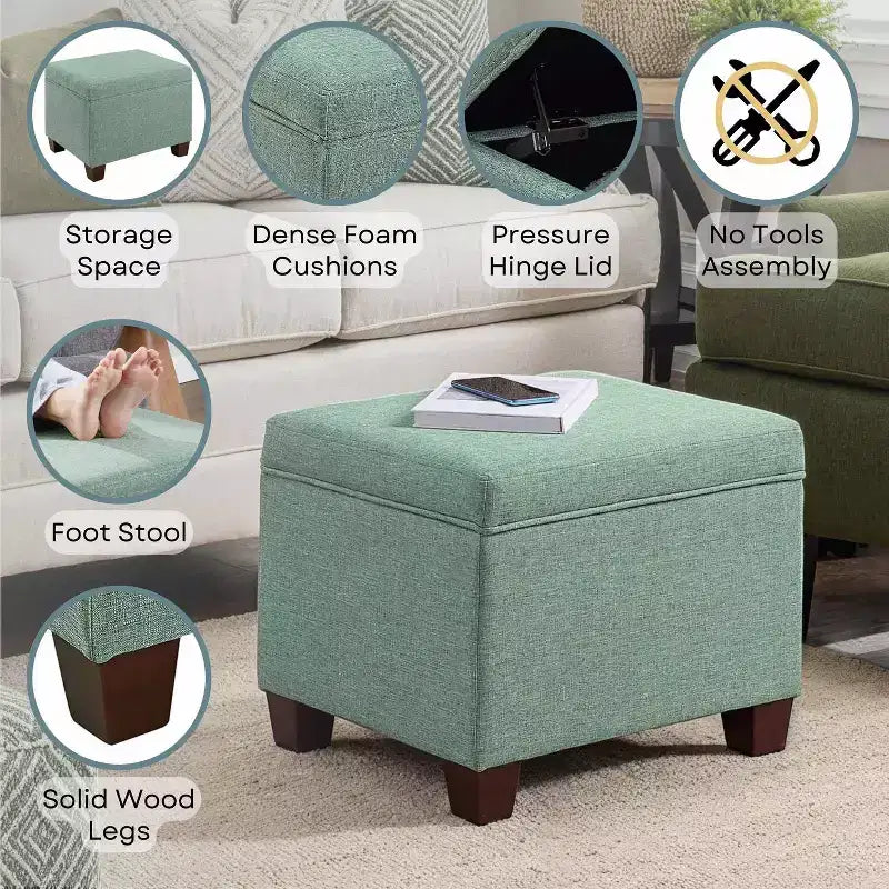 Storage Ottoman with Linen Upholstery - Multi-Function Footrest and Seating