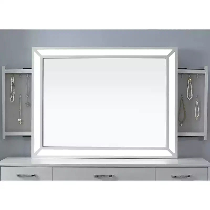 Contemporary LED Mirror with USB Port and 2 Pocket Drawers - Luminous White
