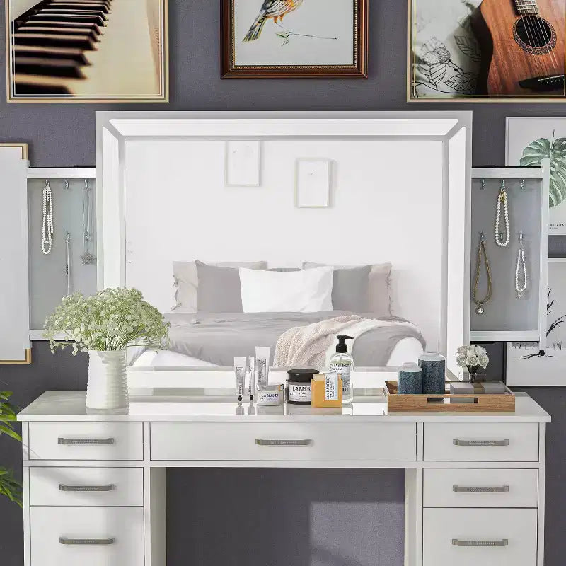 Contemporary LED Mirror with USB Port and 2 Pocket Drawers - Luminous White