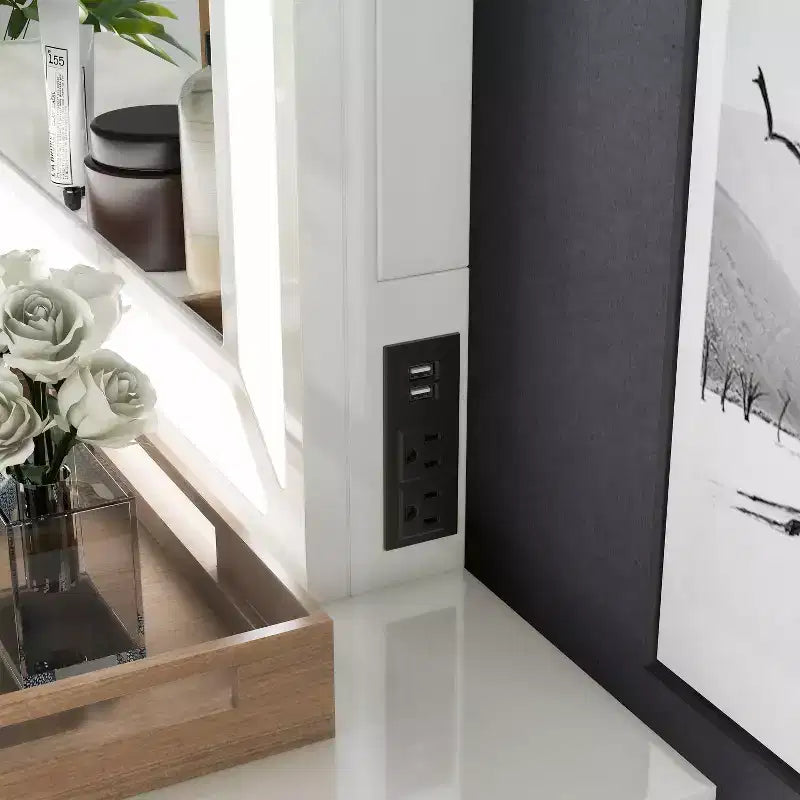 Contemporary LED Mirror with USB Port and 2 Pocket Drawers - Luminous White