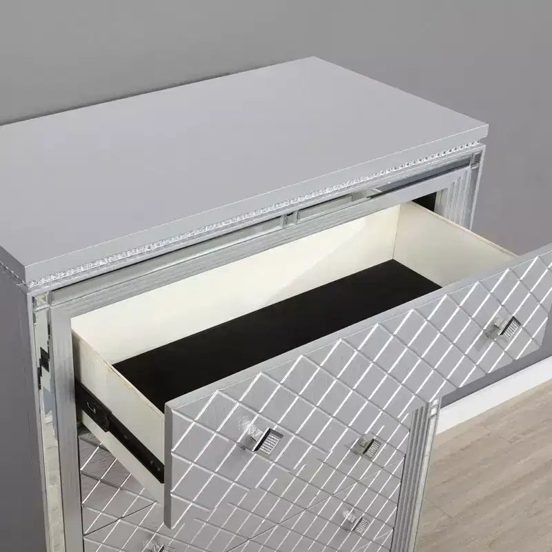 5-Drawer Glam Chest - Silver with Crocodile Embossing, Mirror Trim & Jeweled Accents