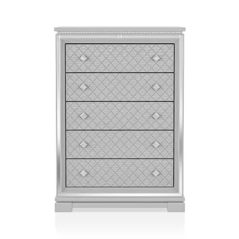 5-Drawer Glam Chest - Silver with Crocodile Embossing, Mirror Trim & Jeweled Accents
