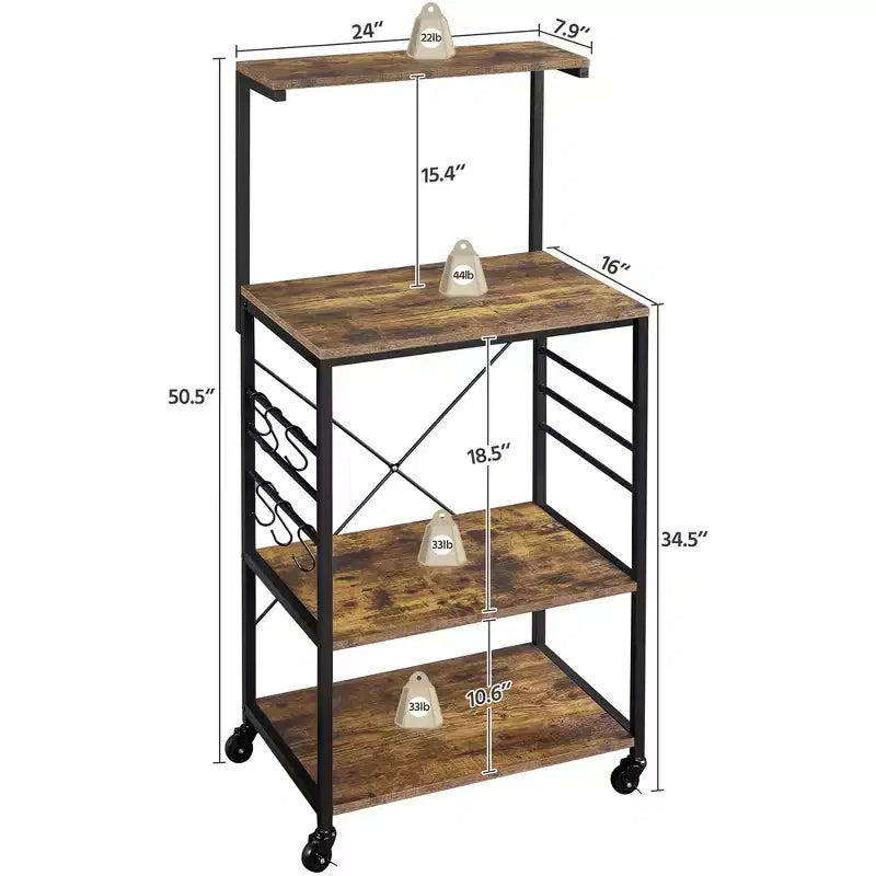 50.5" Kitchen Baker's Rack with 4 Shelves and 6 Side Hooks