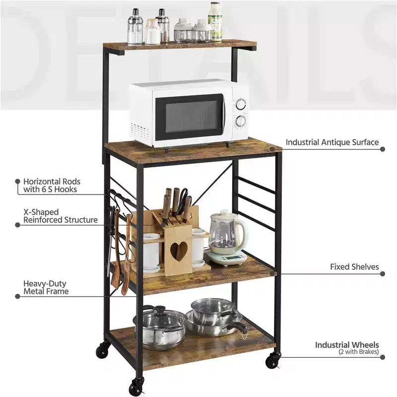 50.5" Kitchen Baker's Rack with 4 Shelves and 6 Side Hooks
