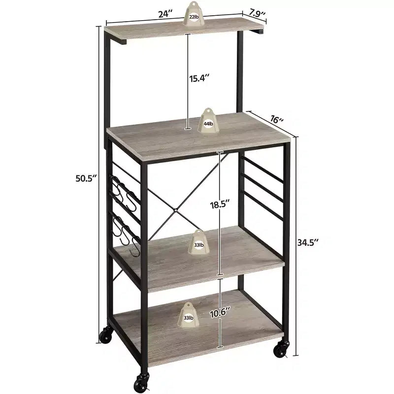 50.5" Kitchen Baker's Rack with 4 Shelves and 6 Side Hooks