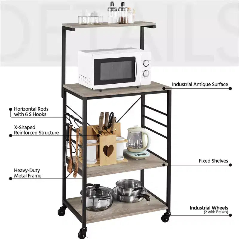50.5" Kitchen Baker's Rack with 4 Shelves and 6 Side Hooks