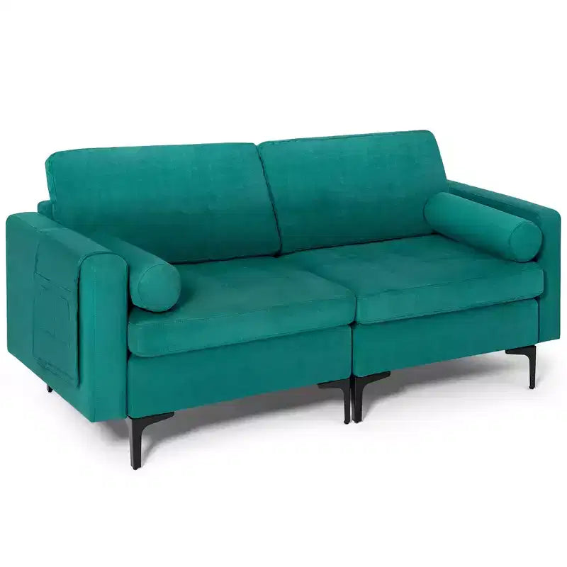 Modern Tufted Loveseat 2-Seat Sofa with 2 Bolsters and Side Storage Pocket - Teal