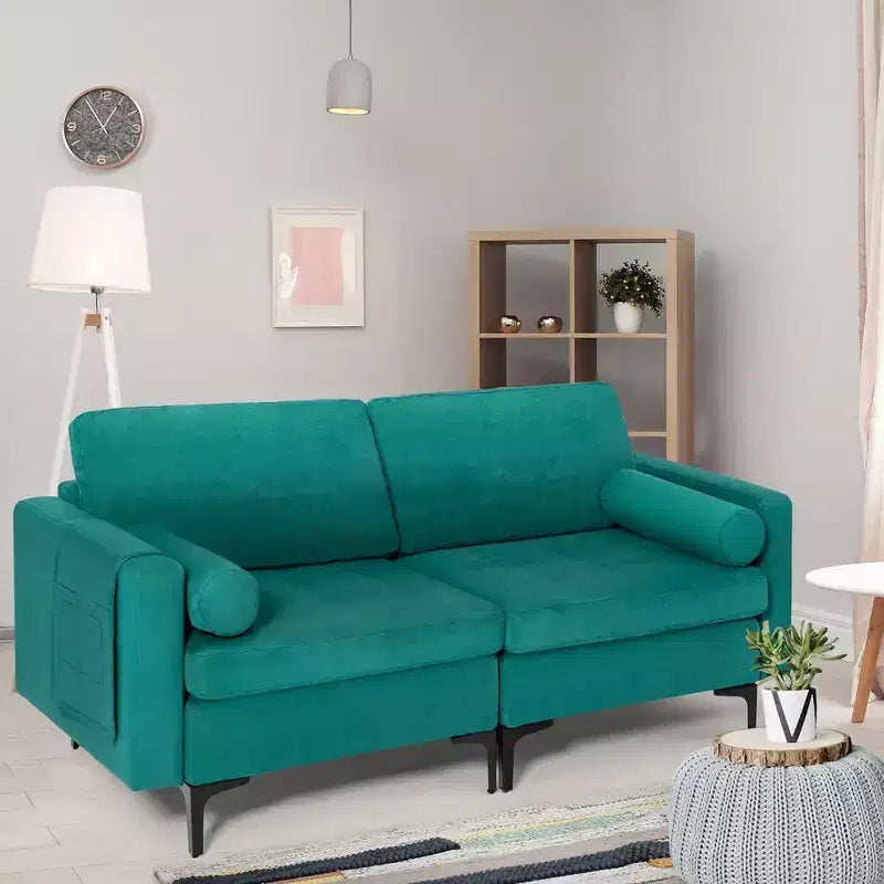 Modern Tufted Loveseat 2-Seat Sofa with 2 Bolsters and Side Storage Pocket - Teal
