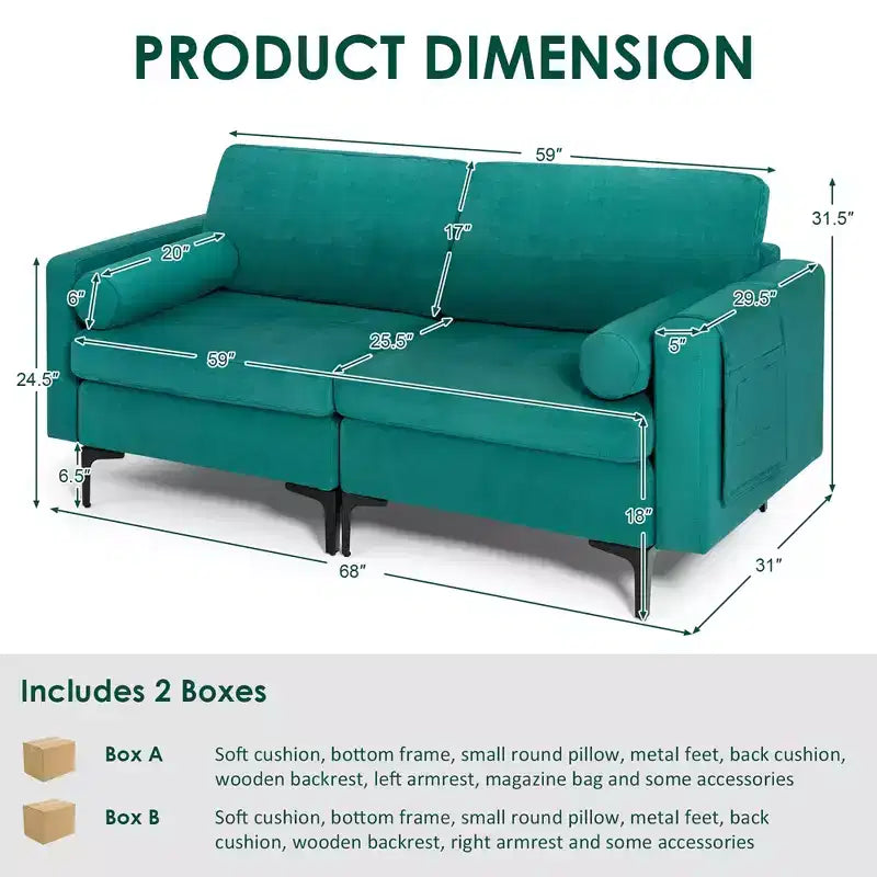 Modern Tufted Loveseat 2-Seat Sofa with 2 Bolsters and Side Storage Pocket - Teal