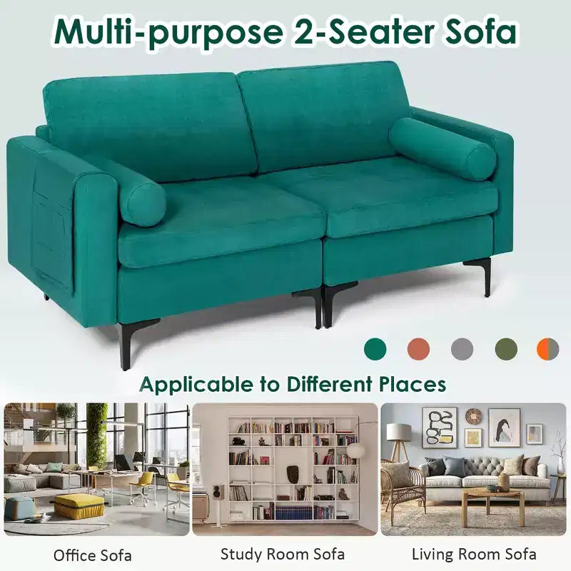 Modern Tufted Loveseat 2-Seat Sofa with 2 Bolsters and Side Storage Pocket - Teal
