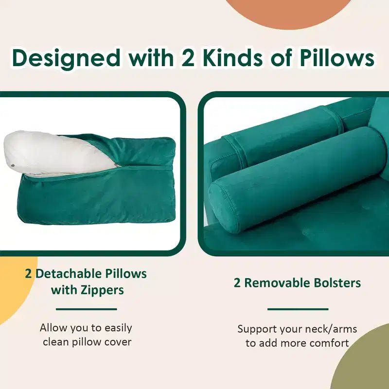 Modern Tufted Loveseat 2-Seat Sofa with 2 Bolsters and Side Storage Pocket - Teal
