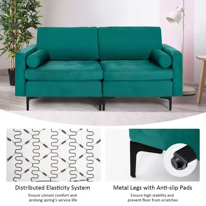 Modern Tufted Loveseat 2-Seat Sofa with 2 Bolsters and Side Storage Pocket - Teal