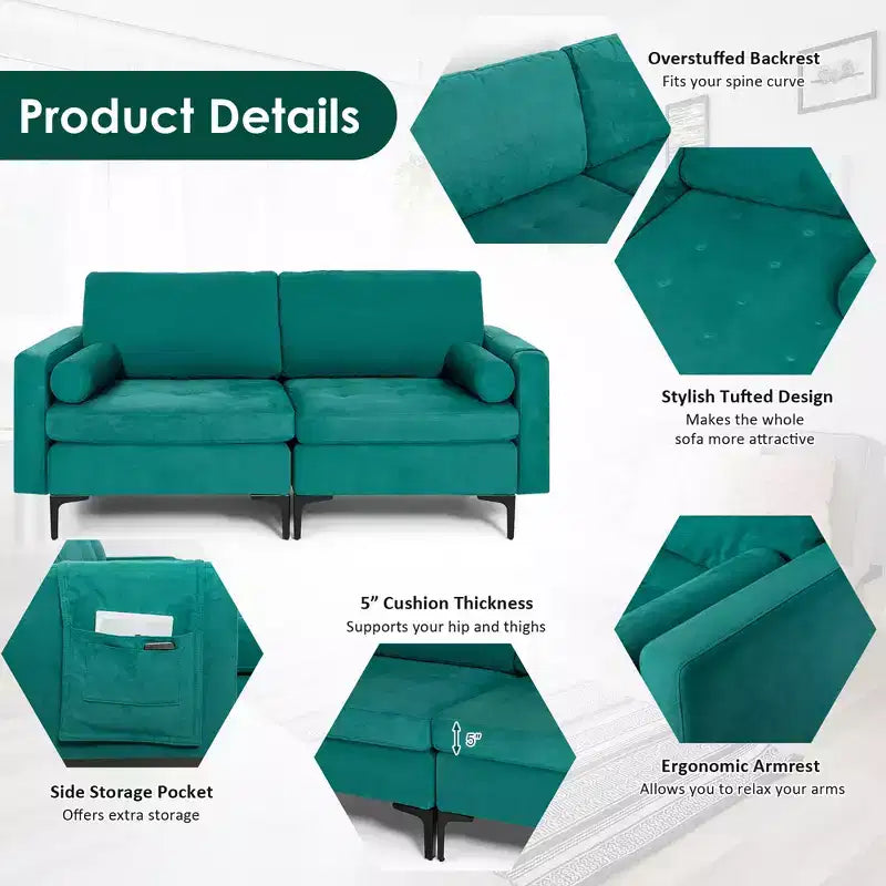Modern Tufted Loveseat 2-Seat Sofa with 2 Bolsters and Side Storage Pocket - Teal